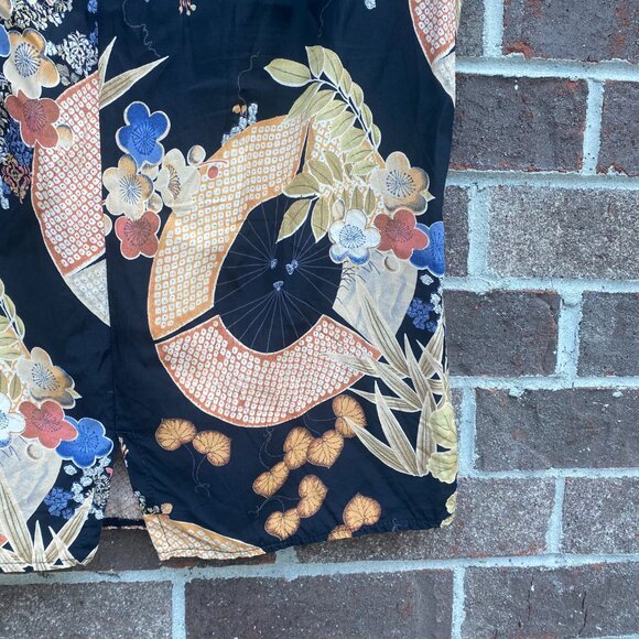 Vintage Clio Skirt Sz 10 Black Floral Umbrella Print Midi Asian Inspired Boho - Picture 10 of 14